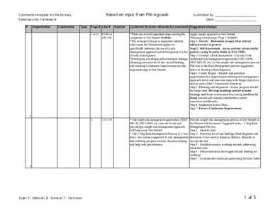 Based on input from Phil Agcaoili  Comments template for Preliminary Cybersecurity Framework #