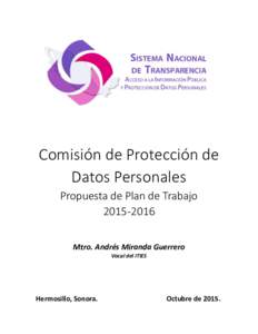 Comisión de Protección de Datos Personales Propuesta de Plan de TrabajoMtro. Andrés Miranda Guerrero Vocal del ITIES