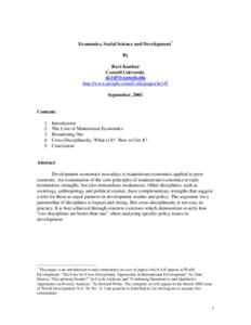 Economics, Social Science and Development* By Ravi Kanbur Cornell University  http://www.people.cornell.edu/pages/sk145