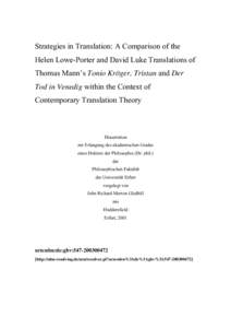 Strategies in Translation: A Comparison of the Helen Lowe-Porter and David Luke Translations of Thomas Mann’s Tonio Kröger, Tr