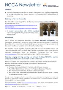 NCCA Newsletter Thankyou  Thankyou for your co-operation as regards the request from the Prime Minister for us to ring Cathedral and Church bells on the Thursday MH17 National Day of Mourning. Bells rang out all over 