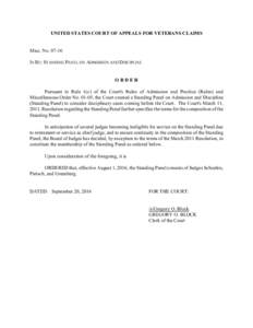 UNITED STATES COURT OF APPEALS FOR VETERANS CLAIMS  Misc. NoIN RE: STANDING PANEL ON ADMISSION AND DISCIPLINE  ORDER