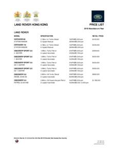 PRICE LIST  LAND ROVER HONG KONG 2015 Manufacture Year