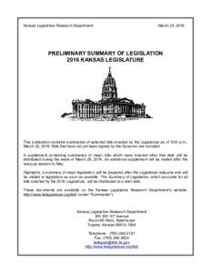 Preliminary Summary of Legislation 2016 Kansas Legislature