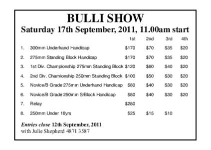 BULLI SHOW  Saturday 17th September, 2011, 11.00am start 1st