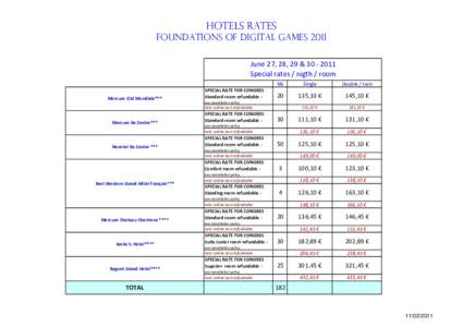 hotels RATES FOUNDATIONS OF DIGITAL GAMES 2011 June 27, 28, 29 & Special rates / nigth / room Mercure Cité Mondiale***