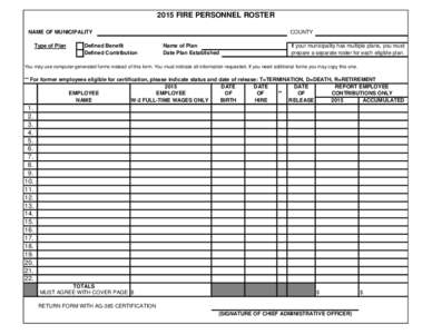 2015 FIRE PERSONNEL ROSTER NAME OF MUNICIPALITY Type of Plan Defined Benefit Defined Contribution