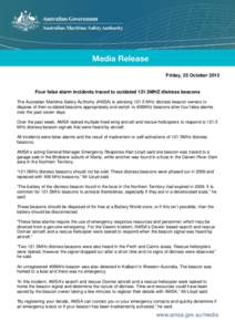 Friday, 25 October[removed]Four false alarm incidents traced to outdated 121.5MHZ distress beacons The Australian Maritime Safety Authority (AMSA) is advising[removed]MHz distress beacon owners to dispose of their outdated b