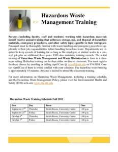 Hazardous Waste Management Training Persons (including faculty, staff and students) working with hazardous materials should receive annual training that addresses storage, use, and disposal of hazardous materials, emerge