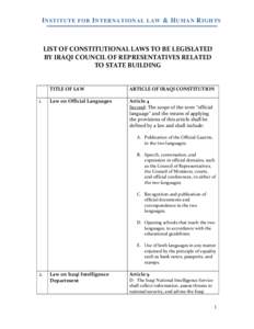 I NSTITUTE FOR I NTERNATIONAL LAW & H UMAN R IGHTS  LIST OF CONSTITUTIONAL LAWS TO BE LEGISLATED  BY IRAQI COUNCIL OF REPRESENTATIVES RELATED  TO STATE BUILDING   
