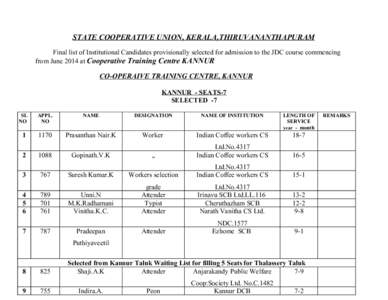 STATE COOPERATIVE UNION, KERALA,THIRUVANANTHAPURAM Final list of Institutional Candidates provisionally selected for admission to the JDC course commencing from June 2014 at Cooperative Training Centre KANNUR CO-OPERAIVE