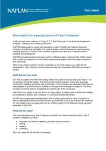 Fact sheet  Information for parents/carers of Year 5 students In May of each year, students in Years 3, 5, 7 and 9 take part in the National Assessment Program – literacy and numeracy (NAPLAN). NAPLAN helps parents, ca