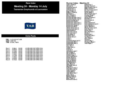 Race Index  Meeting 24 - Monday 14 July Tasmanian Greyhounds at Launceston  Extra Pools