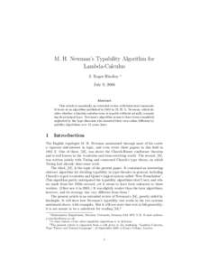 M. H. Newman’s Typability Algorithm for Lambda-Calculus J. Roger Hindley ∗