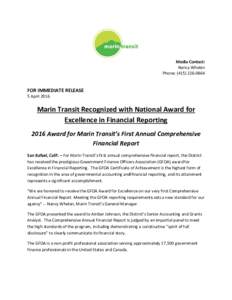 Microsoft Word - Press Release - Marin Transit Earns National Award for Excellence in Financial Reporting.docx