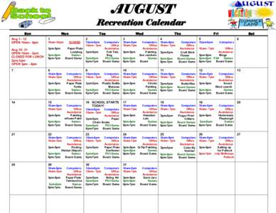 November AUGUST Gym Calendar Recreation Calendar Sun
