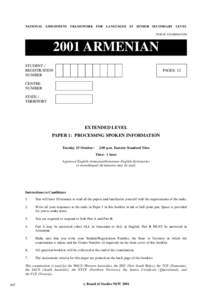NATIONAL ASSESSMENT FRAMEWORK FOR LANGUAGES AT SENIOR SECONDARY LEVEL PUBLIC EXAMINATION 2001 ARMENIAN STUDENT / REGISTRATION