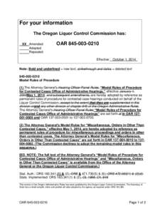 For your information The Oregon Liquor Control Commission has: XX Amended Adopted Repealed