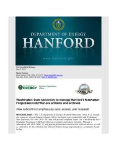 For Immediate Release: May 7, 2015 Media Contact: Mark Heeter, DOE, (,  Rae Weil, MSA, (, 