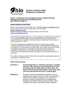 Division of Surface Water Response to Comments Project: The National Lime and Stone Company, National Pollutant Discharge Elimination System (NPDES) Permit Ohio EPA ID #: 4IJ00113