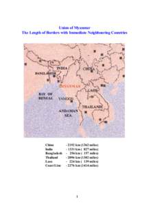 Union of Myanmar The Length of Borders with Immediate Neighbouring Countries China India Bangladesh