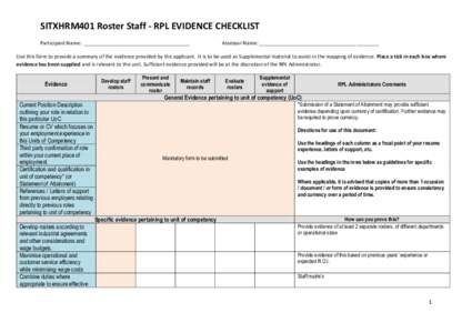 SITXHRM401 Roster Staff - RPL EVIDENCE CHECKLIST Participant Name: ______________________________________ Assessor Name: ___________________________________________  Use this form to provide a summary of the evidence pro