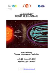 ANNOUNCEMENT SUMMER SCHOOL ALPBACH Space Weather Physics, Impacts and Predictions July 23 –August 1, 2002