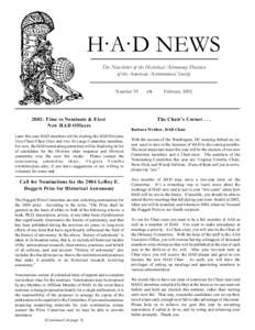 HAAAD NEWS The Newsletter of the Historical Astronomy Division of the American Astronomical Society Number[removed]: Time to Nominate & Elect