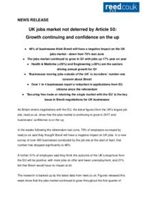 NEWS RELEASE  UK jobs market not deterred by Article 50: Growth continuing and confidence on the up ● 48% of businesses think Brexit will have a negative impact on the UK jobs market - down from 70% last June
