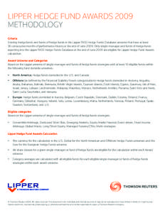 LIPPER HEDGE FUND AWARDS 2009 METHODOLOGY Criteria Existing hedge funds and funds of hedge funds in the Lipper TASS Hedge Funds Database universe that have at least 36 consecutive months of performance history at the end