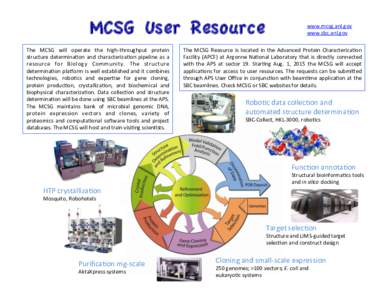 MCSG User Resource The	
   MCSG	
   will	
   operate	
   the	
   high-­‐throughput	
   protein	
   structure	
   determina=on	
   and	
   characteriza=on	
   pipeline	
   as	
   a	
   resource	
   for	
