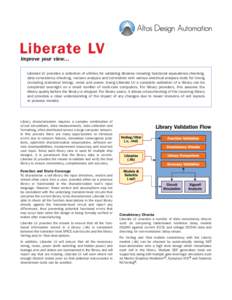 Liberate LV Improve your view… Liberate LV provides a collection of utilities for validating libraries including functional equivalence checking, data consistency checking, revision analysis and correlation with variou