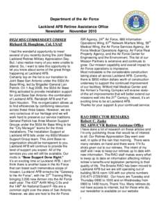 Department of the Air Force Lackland AFB Retiree Assistance Office Newsletter November 2010 802d MSG COMMANDER’S CORNER Richard H. Houghton, Col, USAF I had the wonderful opportunity to meet