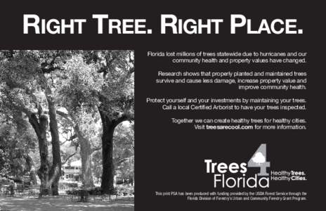 RIGHT TREE. RIGHT PLACE. Florida lost millions of trees statewide due to hurricanes and our community health and property values have changed. Research shows that properly planted and maintained trees survive and cause l