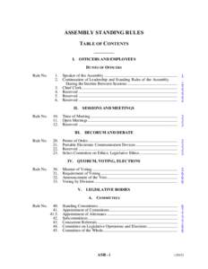 ASSEMBLY STANDING RULES TABLE OF CONTENTS __________ I.  OFFICERS AND EMPLOYEES