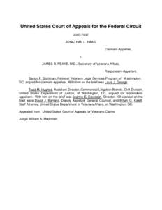 United States Court of Appeals for the Federal CircuitJONATHAN L. HAAS, Claimant-Appellee, v. JAMES B. PEAKE, M.D., Secretary of Veterans Affairs,