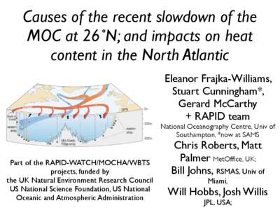 Causes of the recent slowdown of the MOC at 26˚N; and impacts on heat content in the North Atlantic Eleanor Frajka-Williams, Stuart Cunningham*, Gerard McCarthy
