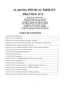 ALABAMA PHYSICAL THERAPY PRACTICE ACT CODE OF ALABAMA 1975 Section, et seq., as amended Acts 1965, No. 476; Acts 1969, No. 622; Acts 1982, No; Acts 1985, No;