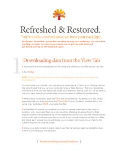 Refreshed & Restored.  You’re totally covered since we have your back(up). Don’t panic! Remember, all your files are safely backed up to SpiderOak. You can restore anything you need. You have a few choices how to get