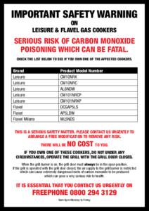 IMPORTANT SAFETY WARNING ON LEISURE & FLAVEL GAS COOKERS Serious risk of carbon monoxide poisoning which can be fatal.