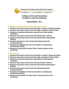 College of Arts and Humanities Academic Learning Compacts Digital Media - B.A. Discipline Specific Knowledge, Skills, Behavior and Values 1. Students will produce visual works that apply a variety of design principles. 2