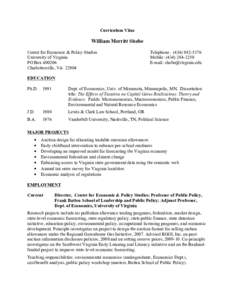 Curriculum Vitae  William Merritt Shobe Center for Economic & Policy Studies University of Virginia PO Box[removed]