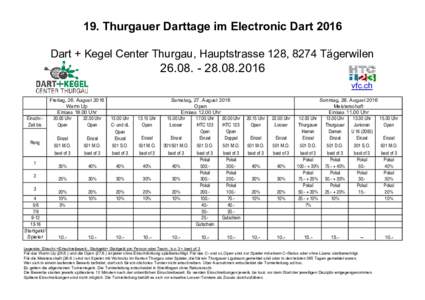 19. Thurgauer Darttage im Electronic Dart 2016 Dart + Kegel Center Thurgau, Hauptstrasse 128, 8274 Tägerwilen2016 vfc.ch