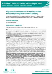 Extended written response (Workplace communication): Business Communication & Technologies 2008: Sample student assessment and responses