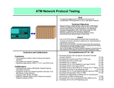 ATM Network Protocol Testing Goal • To speed the deployment of standard conformant and interoperable ATM equipment for use in high speed networks.  Technical Objectives