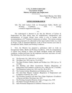 F. No. ZLRC Government of India Ministry of Labour and Employment *********** Shram Shakti Bhawan, New Delhi Dated: 23rd March, 2018