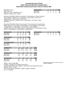 Lacrosse Box Score (Final) Under Armour All-America Lacrosse Game Boys North vs Boys South (July 3, 2015 at Towson, Md.) Boys Northvs. Boys SouthDate: July 3, 2015 • Attendance: 3711