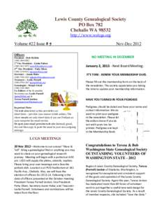 Lewis County Genealogical Society PO Box 782 Chehalis WAhttp://www.walcgs.org  Volume #22 Issue # 5