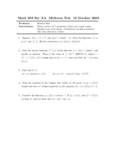 Math 203 Sec AA Midterm Test 15 October 2003 Professor: Instructions: