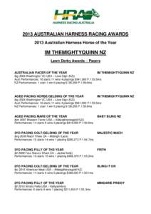 2013 AUSTRALIAN HARNESS RACING AWARDS 2013 Australian Harness Horse of the Year IM THEMIGHTYQUINN NZ Lawn Derby Awards – Pacers AUSTRALIAN PACER OF THE YEAR